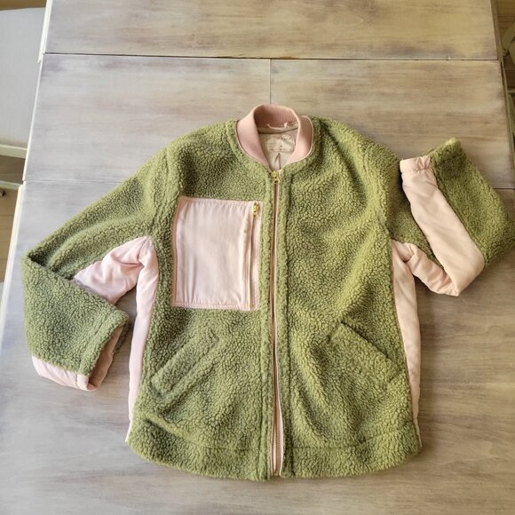 We The Free Women’s M Green Sherpa Fleece Zip Jacket Oversized Boho Coat - Picture 4 of 12